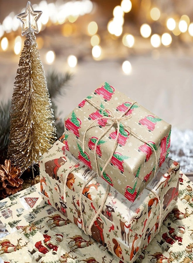 AEBORN Vintage Christmas Wrapping Paper for Kids Adults – Retro Holiday Designs with Santa Claus, Truck Carrying Christmas trees, Forest Animals, House | 8 Folded Sheets (20 X 28Inches | Xams Gift Wrap for Crafts & Party - Image 3