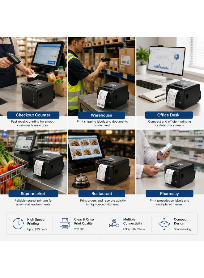 BASEET BAS-376 Thermal Receipt Printer USB + Bluetooth 80×80 Black – High-Speed POS Thermal Printer for Restaurants, Retail Stores, Cafes & Billing Systems - Image 3