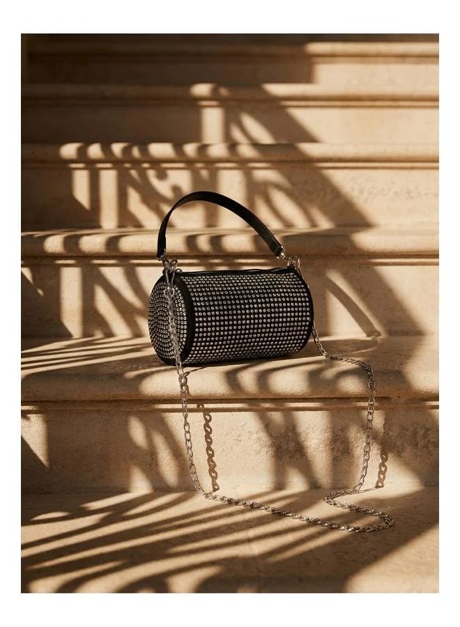 Women's Zerrin Sequined White Stone Suede Cylinder Zipper Closure Mini Hand, Wrist and Shoulder Bag.