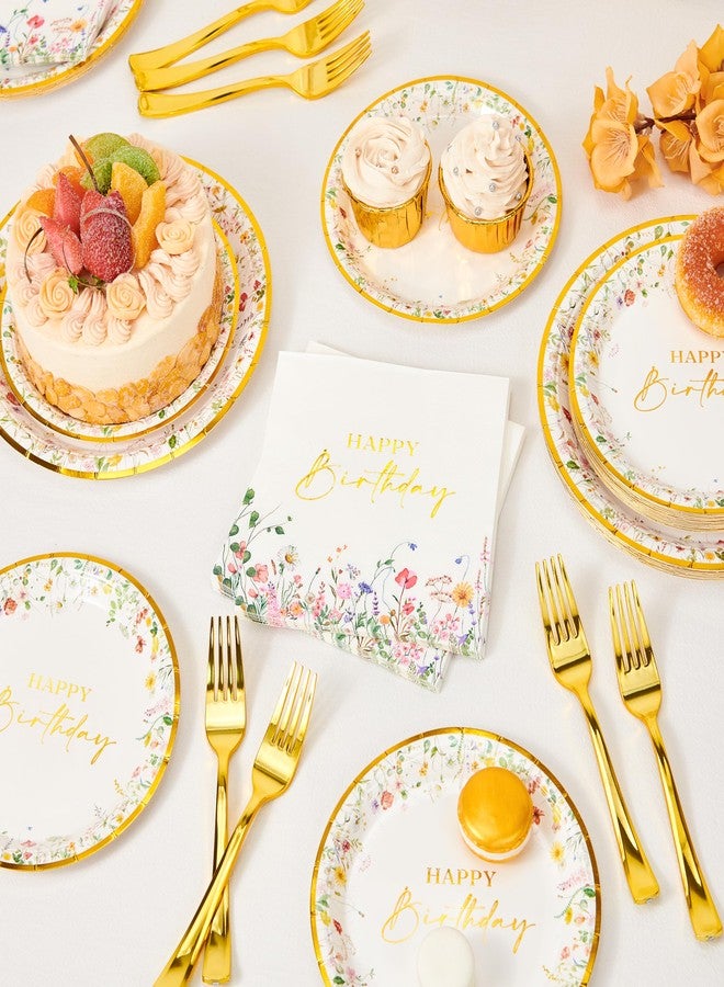 Crisky Wildflower Birthday Plates and Napkins set Women/Men Floral Disposable Tableware Set of 24 for Birthday Party Decorations (Plates, Napkin, Fork) - Image 2