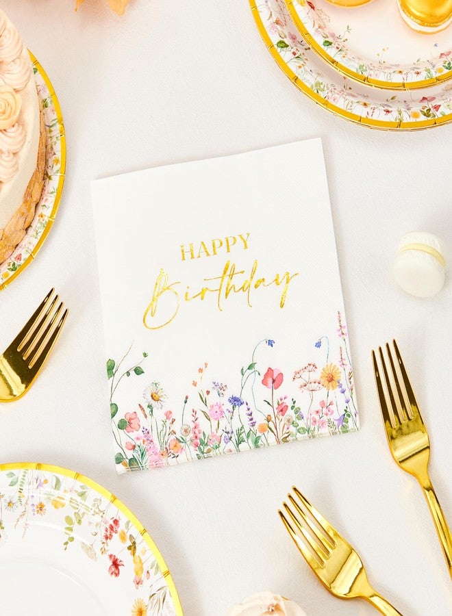 Crisky Wildflower Birthday Plates and Napkins set Women/Men Floral Disposable Tableware Set of 24 for Birthday Party Decorations (Plates, Napkin, Fork) - Image 3