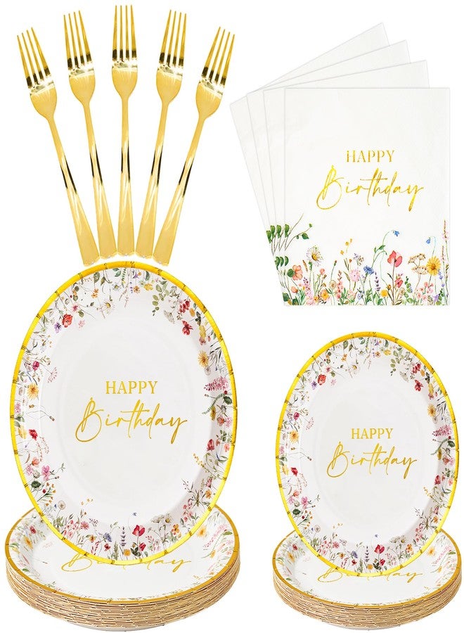 Crisky Wildflower Birthday Plates and Napkins set Women/Men Floral Disposable Tableware Set of 24 for Birthday Party Decorations (Plates, Napkin, Fork) - Image 1