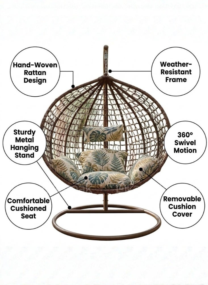 KARNAK Strandmon Hanging Chair White & Brown with Rattan Wicker & Iron Stand - Image 5