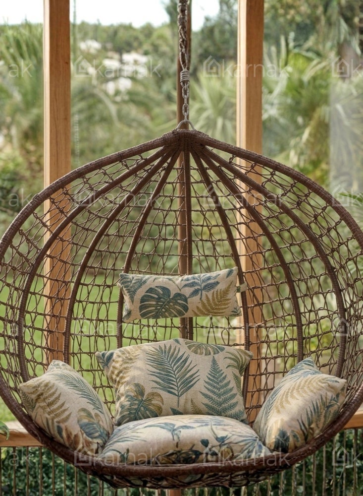 KARNAK Strandmon Hanging Chair White & Brown with Rattan Wicker & Iron Stand - Image 3