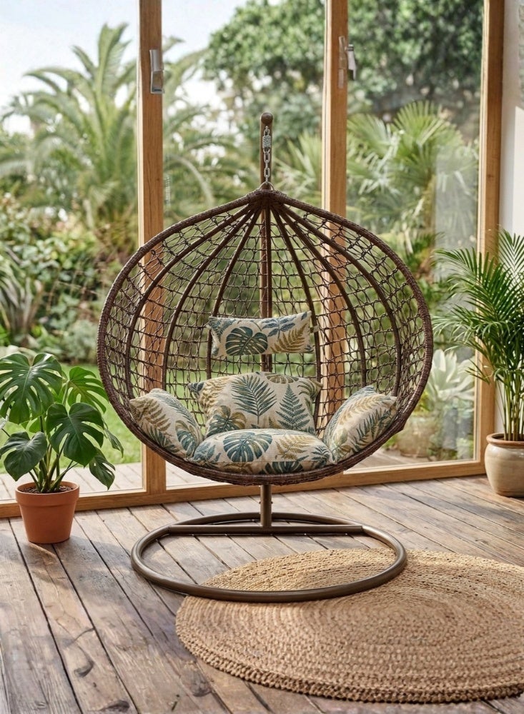 KARNAK Strandmon Hanging Chair White & Brown with Rattan Wicker & Iron Stand - Image 1