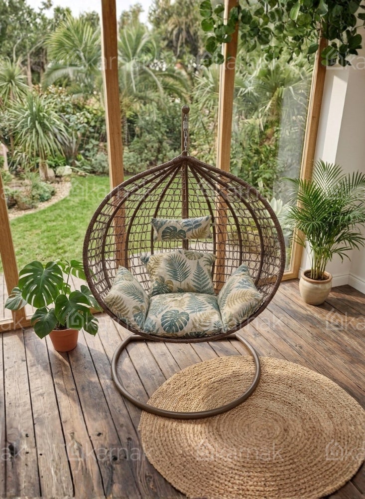 KARNAK Strandmon Hanging Chair White & Brown with Rattan Wicker & Iron Stand - Image 2
