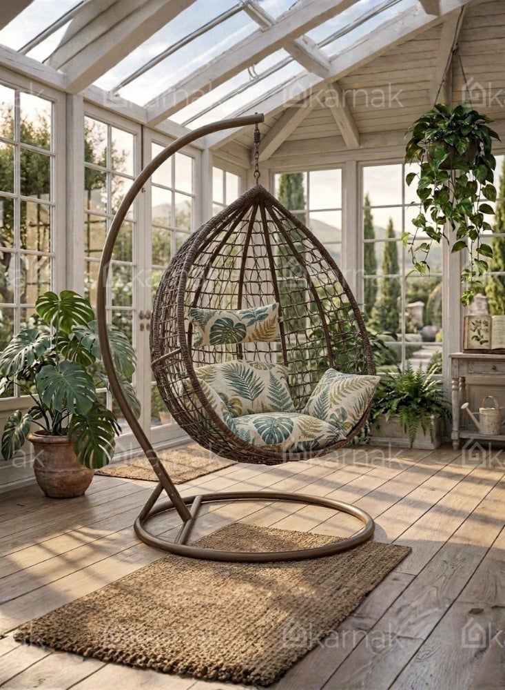 KARNAK Strandmon Hanging Chair White & Brown with Rattan Wicker & Iron Stand - Image 4