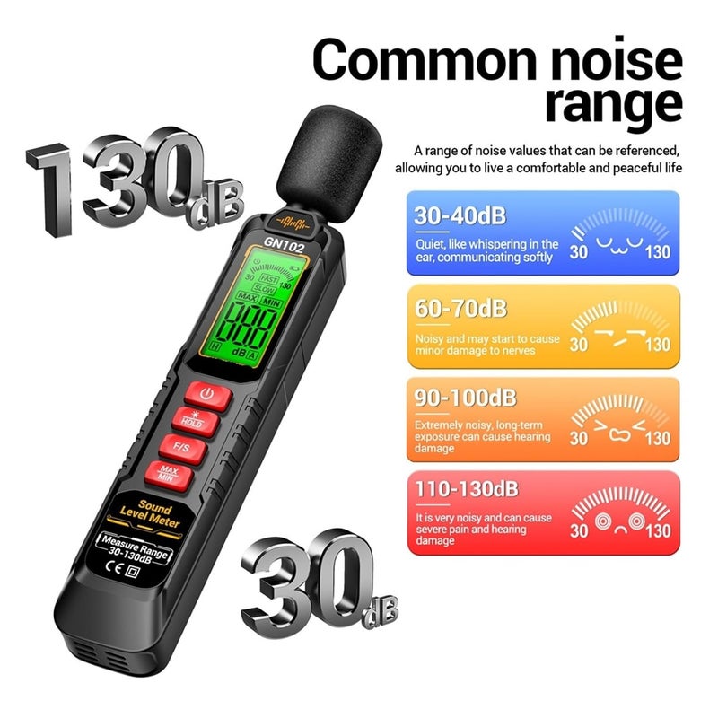 GN102 كاشف الضوضاء عالي الدقة 30-130 ديسيبل مقياس مستوى الصوت مع مثبت البيانات وغطاء مقاوم للرياح - Image 5