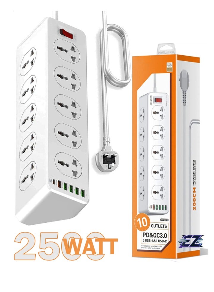 ELTRAZONE 2500W 10-Way Outlet Power Strip with 30W QC 3.0 PD USB-C and 5 USB-A Ports – 2 Meter Extension Cord, Surge Protection for Home & Office Use - Image 1
