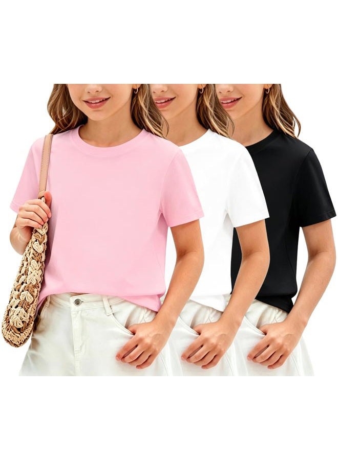 Yitoco Girls Short Sleeve T Shirts Kids Casual Crewneck Short Sleeve Summer Basic Tee Tops 5-16 Years, White/Black/Pink, 11-12 Years - Image 1