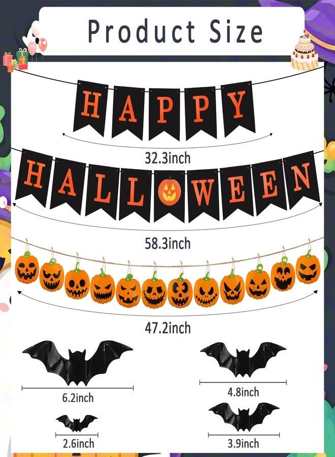 Hapdoo 19pcs Happy Halloween Party Decorations Set - Halloween Banner, Pumpking Cardstock, Realistic PVC 3D Bat Sticker, Halloween Decorations Party Supplies for Home Decor Wall Window - Image 2