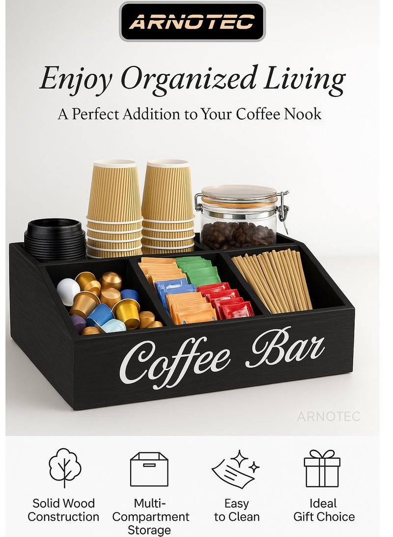 ARNOTEC Coffee Station Organizer for Counter, Rustic Wood Coffee Pod Holder with Drawer, Tea Bag & Condiment Storage Box, Coffee Bar Accessories Organizer for Kitchen Counter, Coffee Corner or Office Breakroom - Image 1