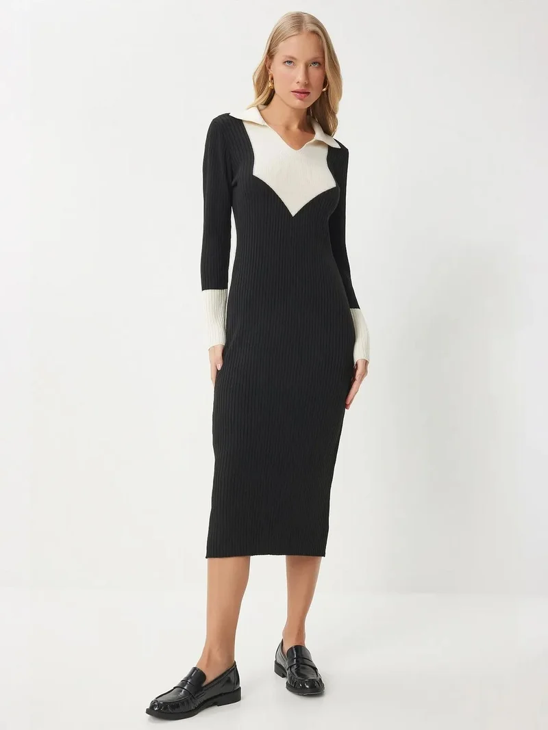 إسطنبول الساحرة ISTANBUL Color Blocked Long Sleeve Bodycon Knit Dress with Polo Collar