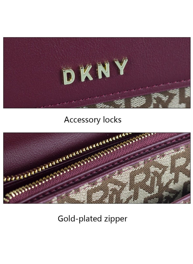 Donna Karan Women Flap Crossbody Bag PU Leather Spliced Monogram Print Dual Use Chain Shoulder Bag Gold Plated Hardware Zipper Purse For Daily Office Dating Travel - Image 4