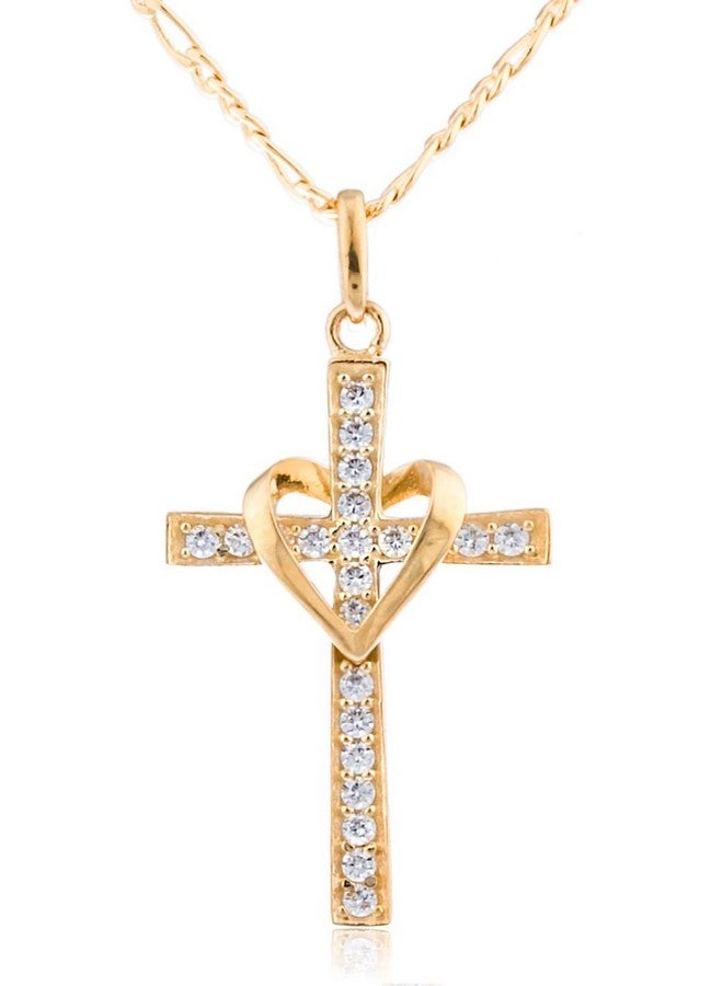 JOTW 10K Yellow Gold, Rose Gold And White Gold Heart & Cross Pendant With An 16, 18, 20 And 22 Inch Gold Overlay Figaro Necklace (18 Inch, Yellow Gold) - Image 1