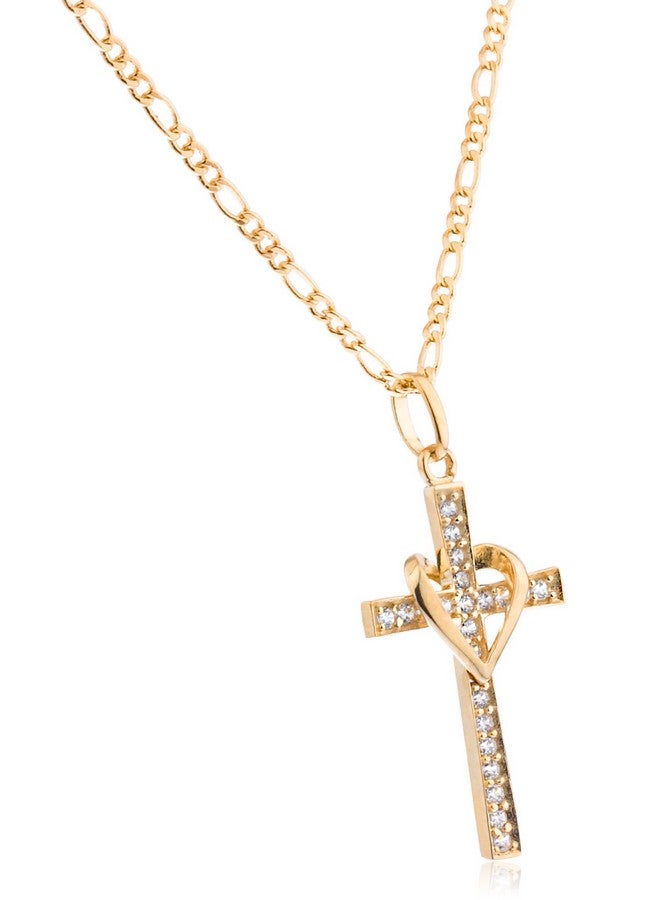 JOTW 10K Yellow Gold, Rose Gold And White Gold Heart & Cross Pendant With An 16, 18, 20 And 22 Inch Gold Overlay Figaro Necklace (18 Inch, Yellow Gold) - Image 3