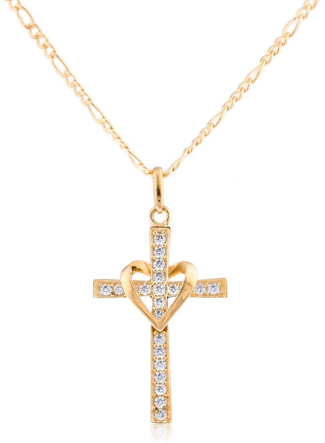 JOTW 10K Yellow Gold, Rose Gold And White Gold Heart & Cross Pendant With An 16, 18, 20 And 22 Inch Gold Overlay Figaro Necklace (18 Inch, Yellow Gold) - Image 2