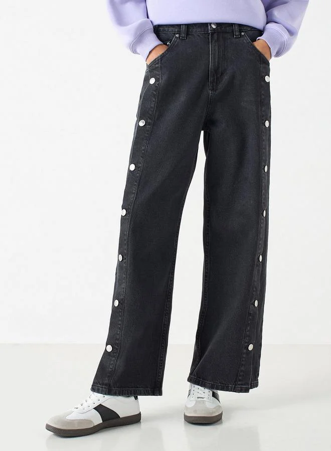 لي كوبر بنطلون جينز سادة واسع الساقين بزر إغلاق من لي كوبر