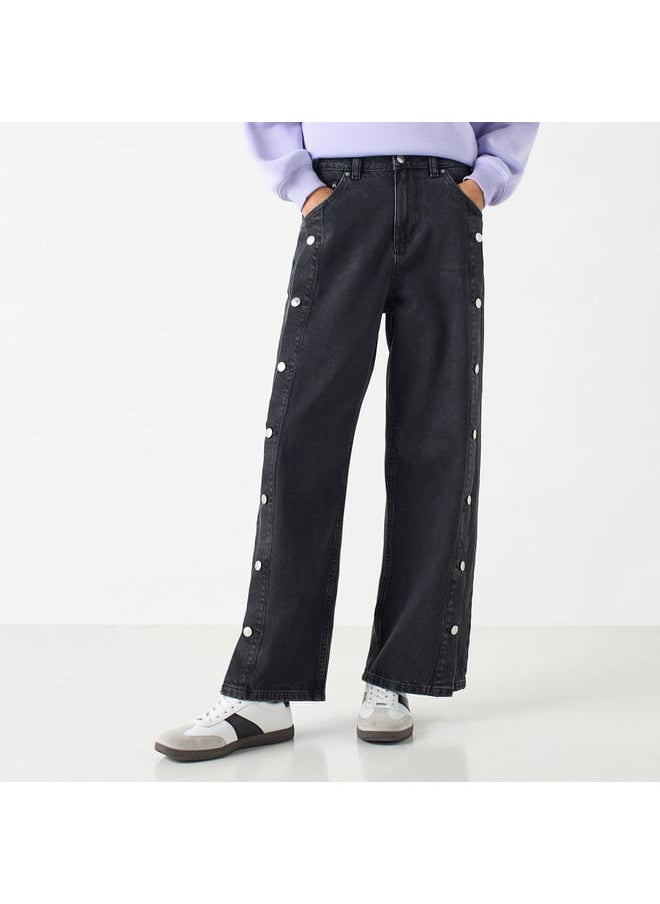 Lee Cooper Lee Cooper Solid Fit Wide Leg Jeans with Button Detail  - Image 1