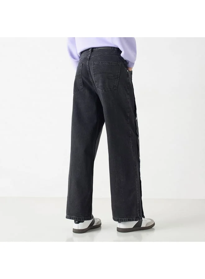 Lee Cooper Lee Cooper Solid Fit Wide Leg Jeans with Button Detail