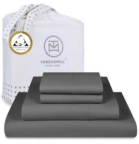 Threadmill Egyptian Cotton Queen Sheet Set | 100% Certified Egyptian Cotton Sheets for Queen Size Bed | Snug Fit Deep Pocket Queen Bed Sheets Set | Soft Cooling Sateen Bedding Set | Dark Grey - Image 1