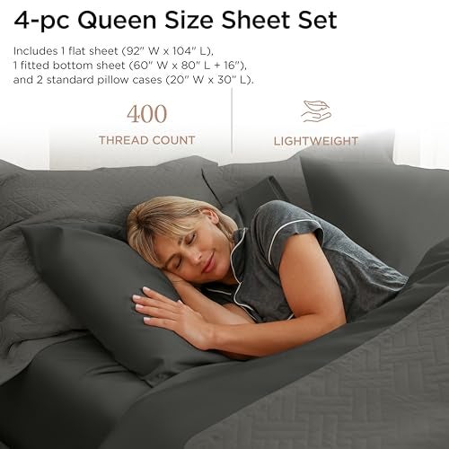 Threadmill Egyptian Cotton Queen Sheet Set | 100% Certified Egyptian Cotton Sheets for Queen Size Bed | Snug Fit Deep Pocket Queen Bed Sheets Set | Soft Cooling Sateen Bedding Set | Dark Grey - Image 2