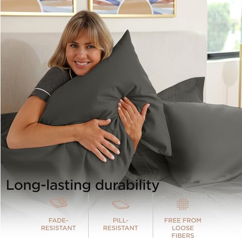 Threadmill Egyptian Cotton Queen Sheet Set | 100% Certified Egyptian Cotton Sheets for Queen Size Bed | Snug Fit Deep Pocket Queen Bed Sheets Set | Soft Cooling Sateen Bedding Set | Dark Grey - Image 4