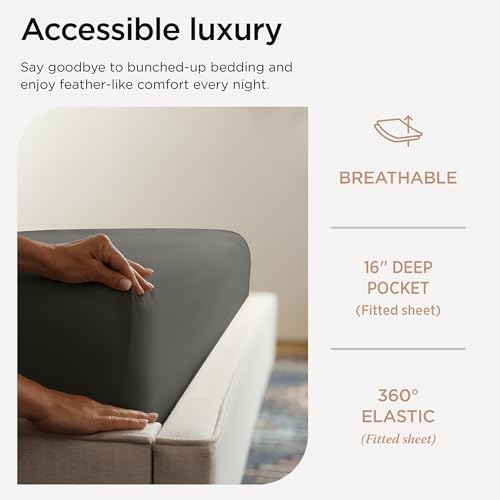 Threadmill Egyptian Cotton Queen Sheet Set | 100% Certified Egyptian Cotton Sheets for Queen Size Bed | Snug Fit Deep Pocket Queen Bed Sheets Set | Soft Cooling Sateen Bedding Set | Dark Grey - Image 5