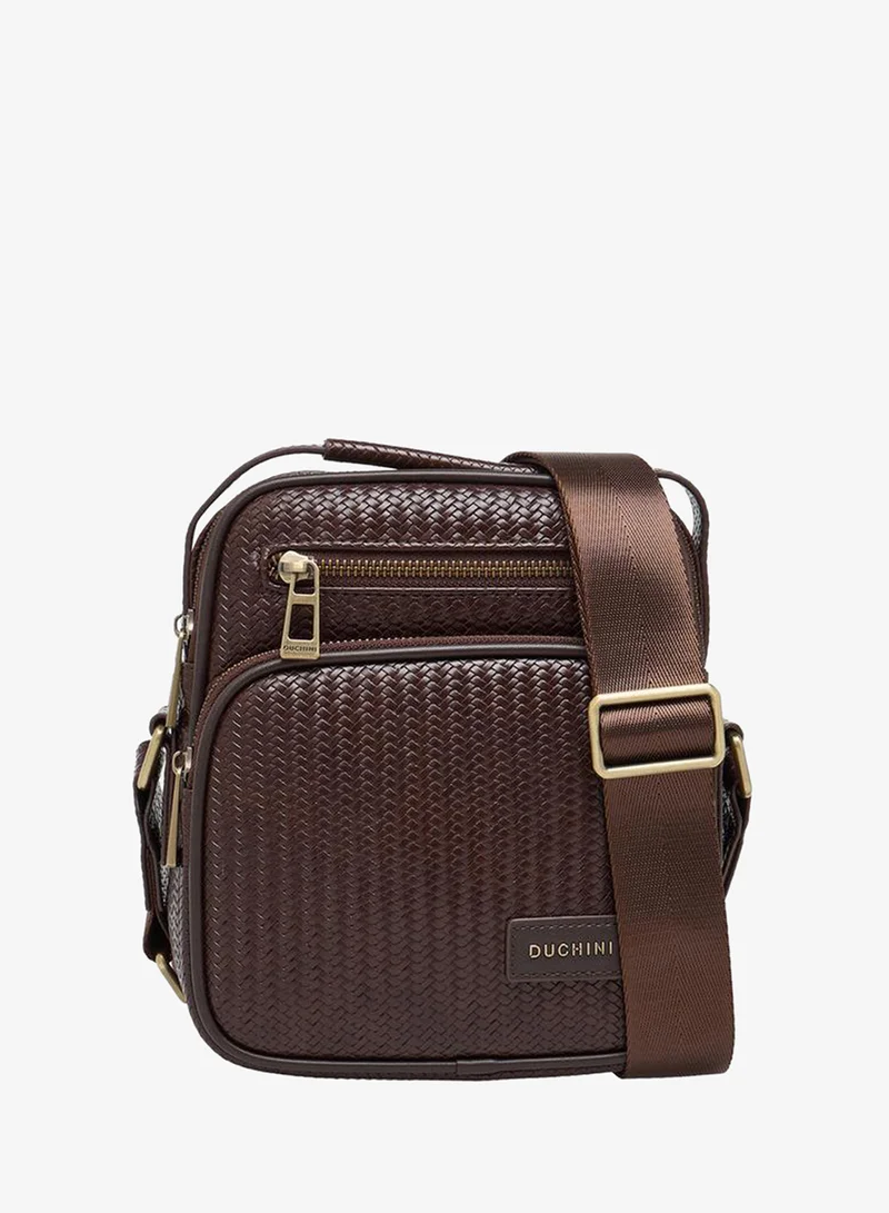 دوتشيني Men Chevron Textured Crossbody Bag With Zip Closure