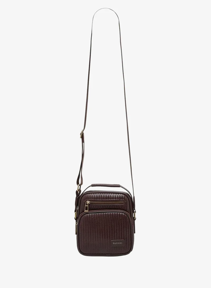 دوتشيني Men Chevron Textured Crossbody Bag With Zip Closure