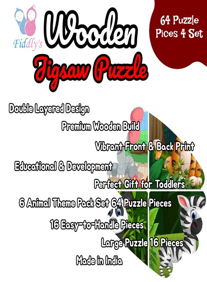 Fiddlys Fiddly's 16-Piece Wooden Jigsaw Puzzles for Kids Ages 3+, Double Layered Wooden Puzzles with Bright Front & Back Print (Animals Pack of 4) - Image 3