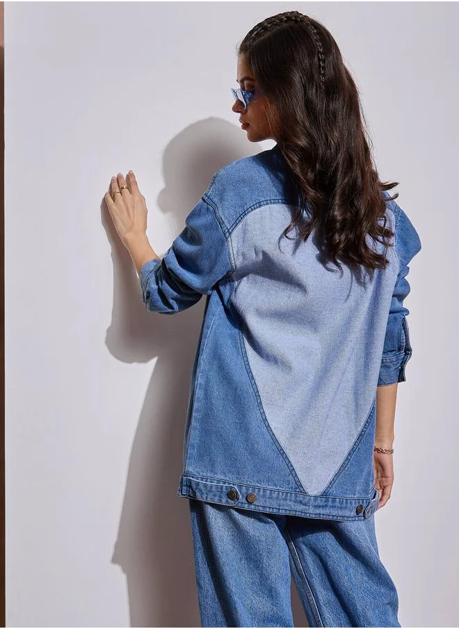 SASSAFRAS Washed Denim Back Heart Patch Shacket by Styli