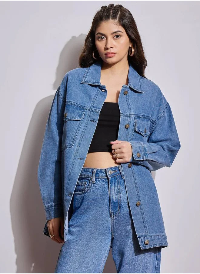 SASSAFRAS Washed Denim Back Heart Patch Shacket by Styli