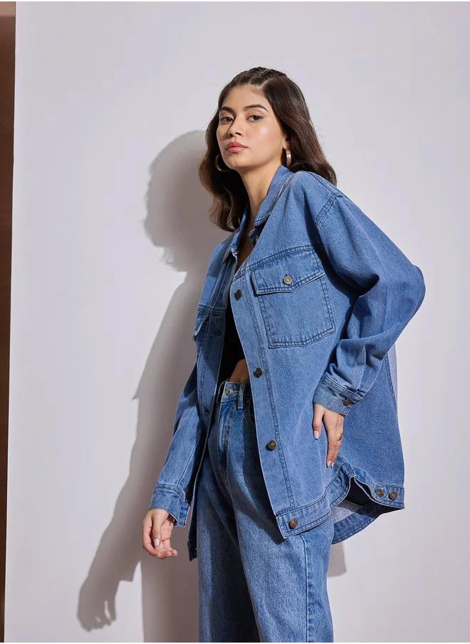 SASSAFRAS Washed Denim Back Heart Patch Shacket by Styli
