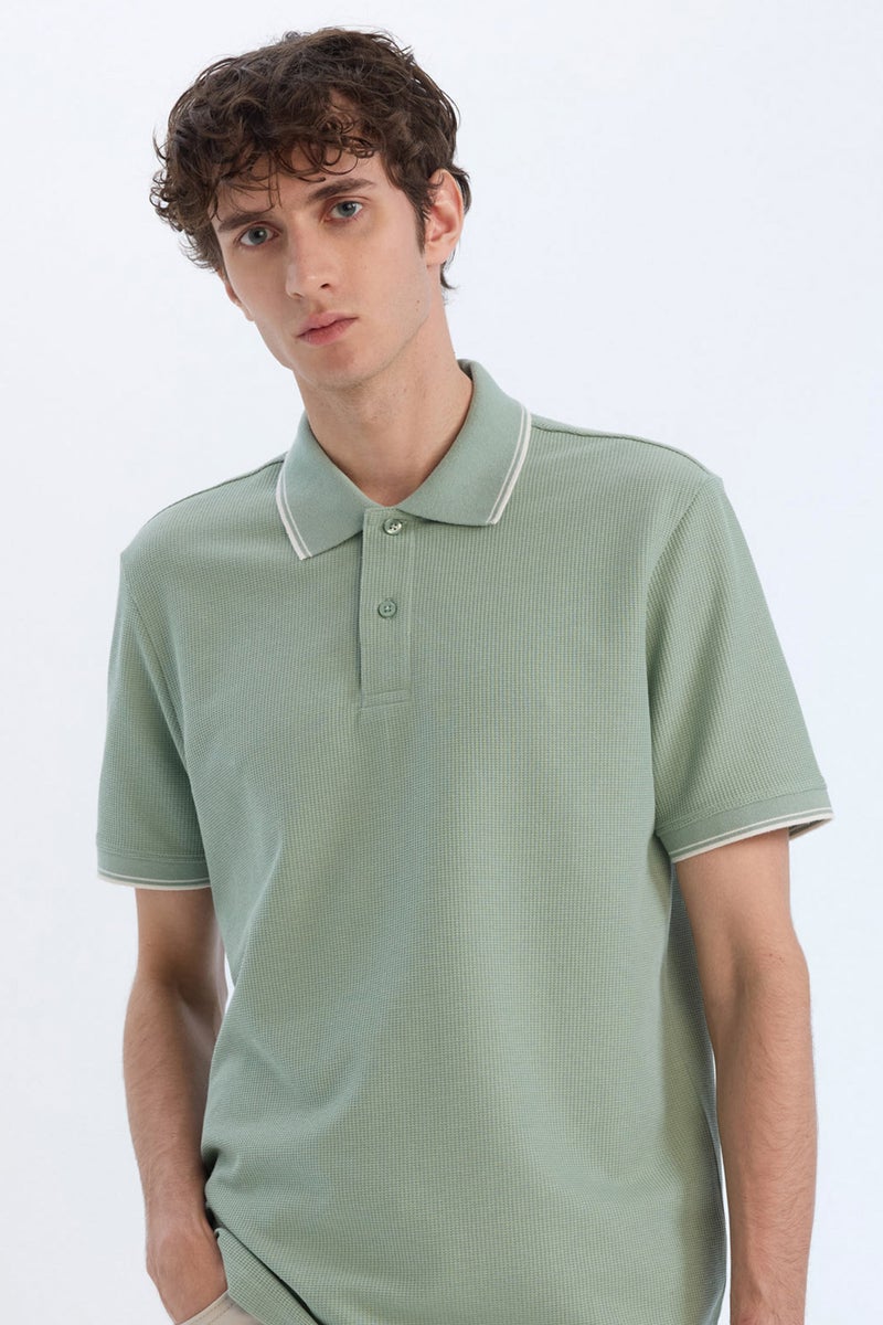 DeFacto Green Man Regular Fit Short Sleeve Waffle Polo Shirt Casual - Image 1