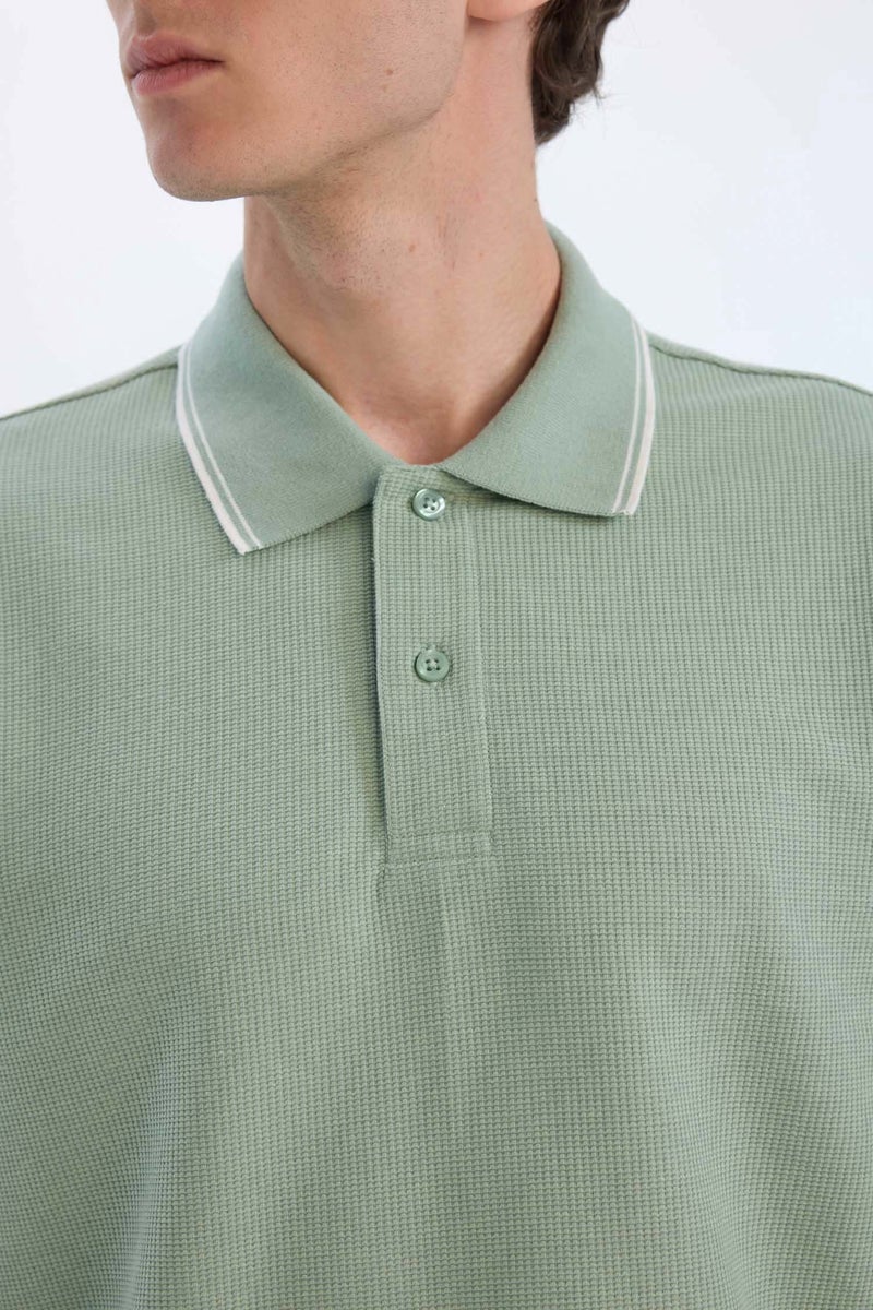 DeFacto Green Man Regular Fit Short Sleeve Waffle Polo Shirt Casual - Image 5