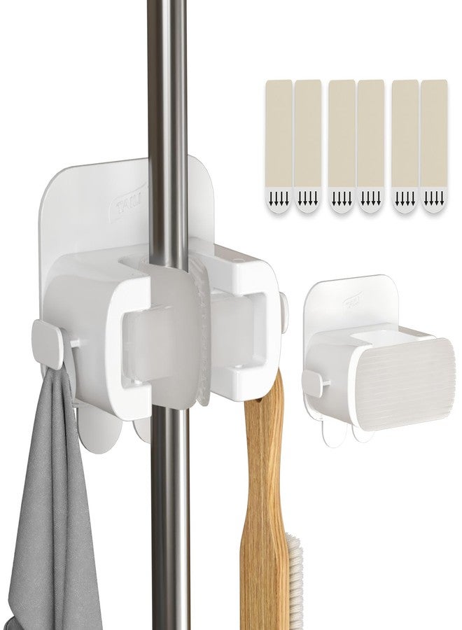 TAILI Mop and Broom Holder Wall Mount Grippers, 2 Hangers and 6 Adhesive Strips, Damage Free Hanging Wall Mount, Household Cleaning Organizer for Organization and Storage, Holds up to 4 lbs, White - Image 1