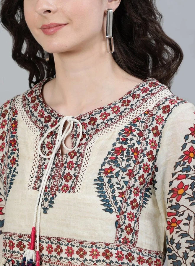 آي شين بلوزة عنق بربطة بتطريز أزهار أبيض مائل للحمرة من إيشين