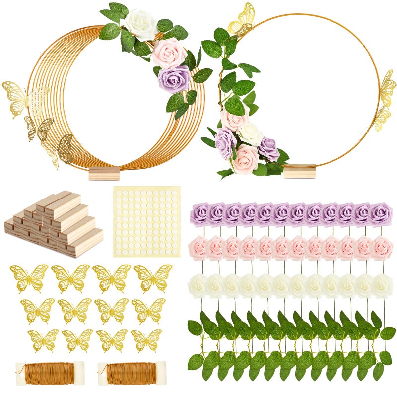 Vercraft 12 Set butterfly Metal Floral Hoop Table Centerpieces Include Metal Ring with Base 3D Butterfly Decoration PE Foam Flower Adhesive Dots Gold Wires for DIY Wedding Baptism PartyRound - Image 2