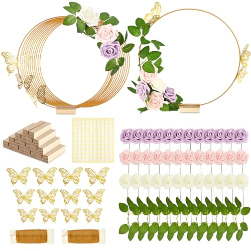 Vercraft 12 Set butterfly Metal Floral Hoop Table Centerpieces Include Metal Ring with Base 3D Butterfly Decoration PE Foam Flower Adhesive Dots Gold Wires for DIY Wedding Baptism PartyRound - Image 1