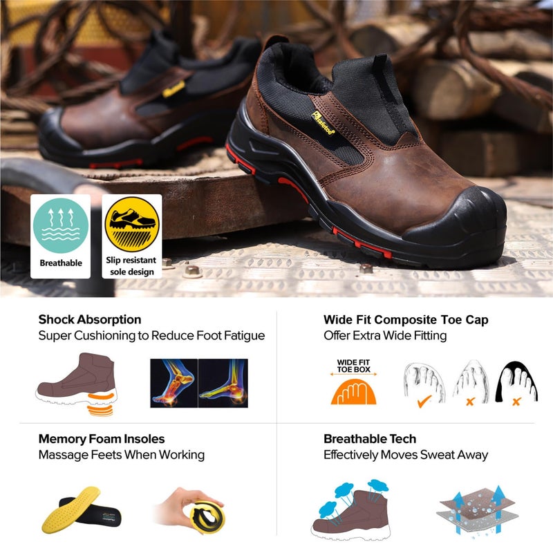 Safetoe Men's Slip On Work Shoes Low Cut Composite Toe Cow Leather Safety Shoes(Size 7) Brown - Image 4