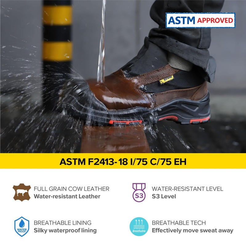Safetoe Men's Slip On Work Shoes Low Cut Composite Toe Cow Leather Safety Shoes(Size 7) Brown - Image 3