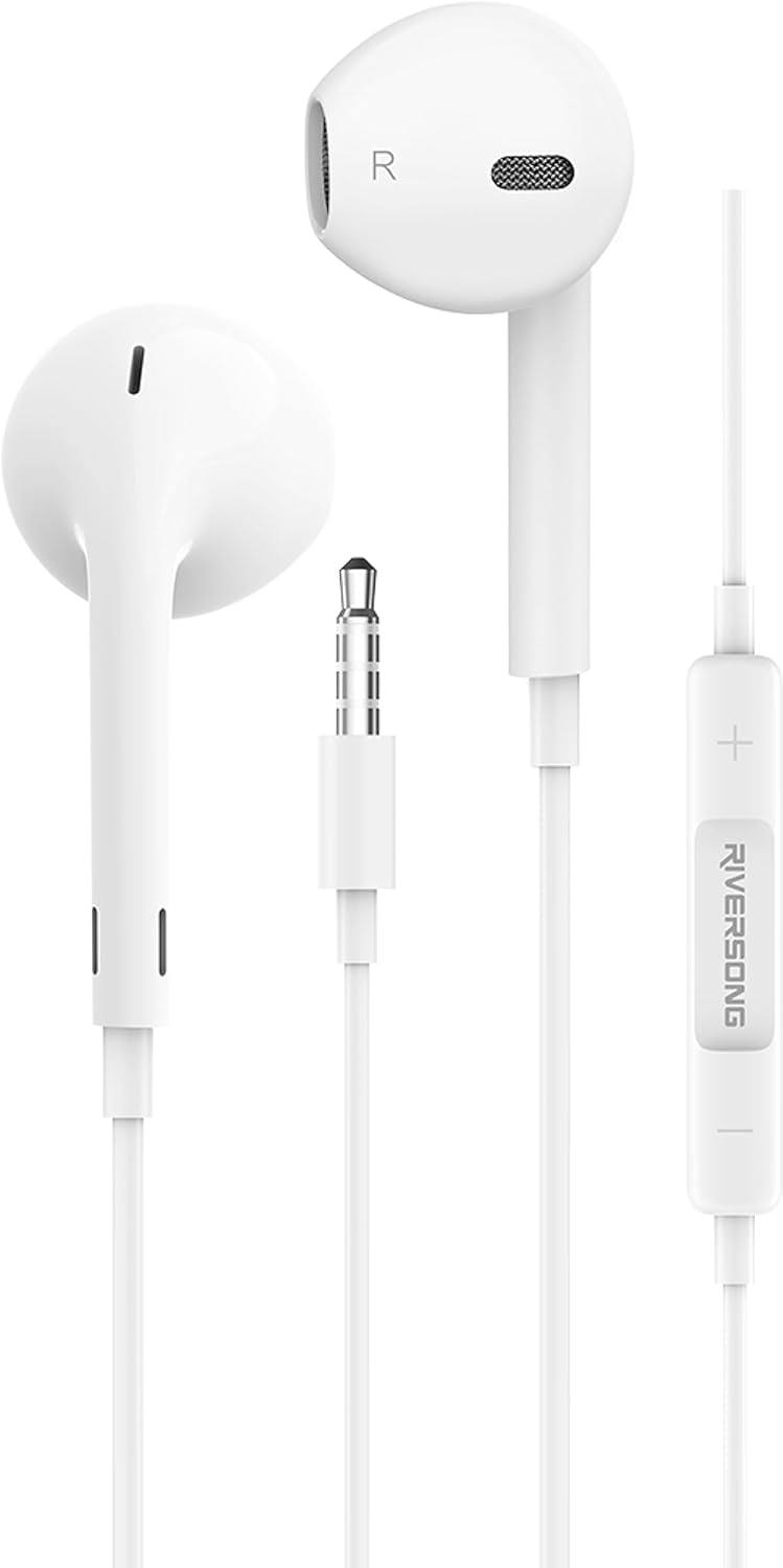 RIVERSONG Spirit M Wired Earbuds with 3.5MM Jack, Headphones with Mic & volume Control, Powerful Heavy Bass, High Definition, Ear BudsCompatible with Android, iPhone, iPad, MP3, Laptop, & More, White - Image 1