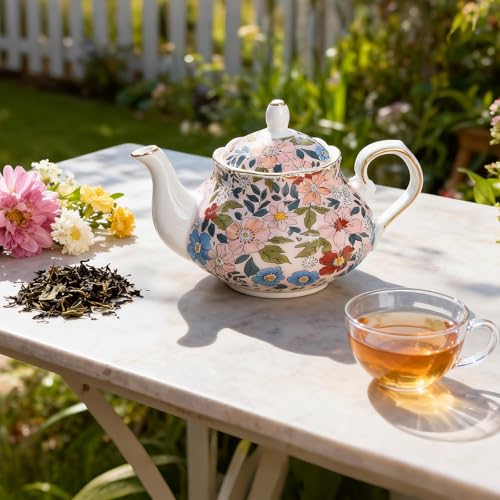 LEAZUL 33.8 oz Porcelain Tea Pot Luxury Gold Trim Floral Ceramic Teapot Waterpot Tea Maker for Blooming Loose Leaf Tea Coffee Milk Chrismas Women Gift Housewarming Home Kitchen Décor (Vintage Pink) - Image 3