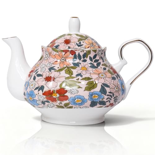 LEAZUL 33.8 oz Porcelain Tea Pot Luxury Gold Trim Floral Ceramic Teapot Waterpot Tea Maker for Blooming Loose Leaf Tea Coffee Milk Chrismas Women Gift Housewarming Home Kitchen Décor (Vintage Pink) - Image 1