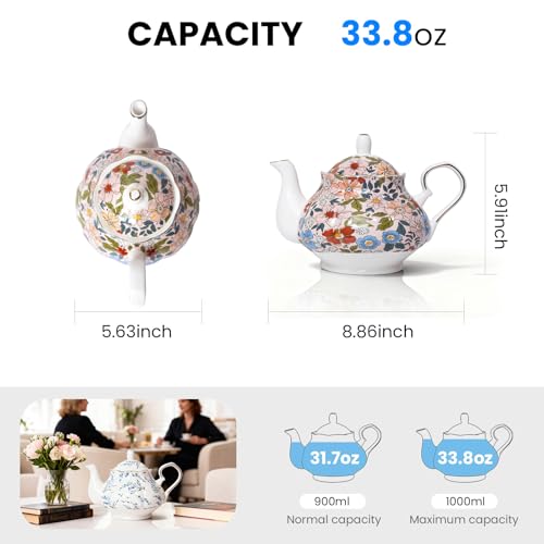 LEAZUL 33.8 oz Porcelain Tea Pot Luxury Gold Trim Floral Ceramic Teapot Waterpot Tea Maker for Blooming Loose Leaf Tea Coffee Milk Chrismas Women Gift Housewarming Home Kitchen Décor (Vintage Pink) - Image 4