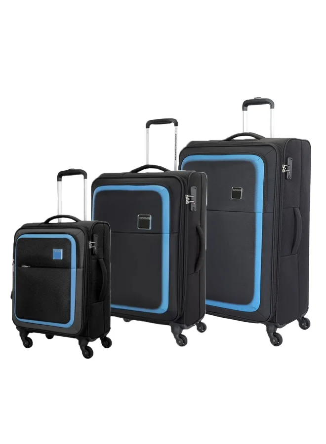American Tourister Seville Suitcase, 3PC Set (57+69+81 cm), 4 Wheels, Soft Top, Polyester, Black|TSA Lock|Front Storage Compartment|Inner Mesh Zippered Pocket - 3 Years International Warranty