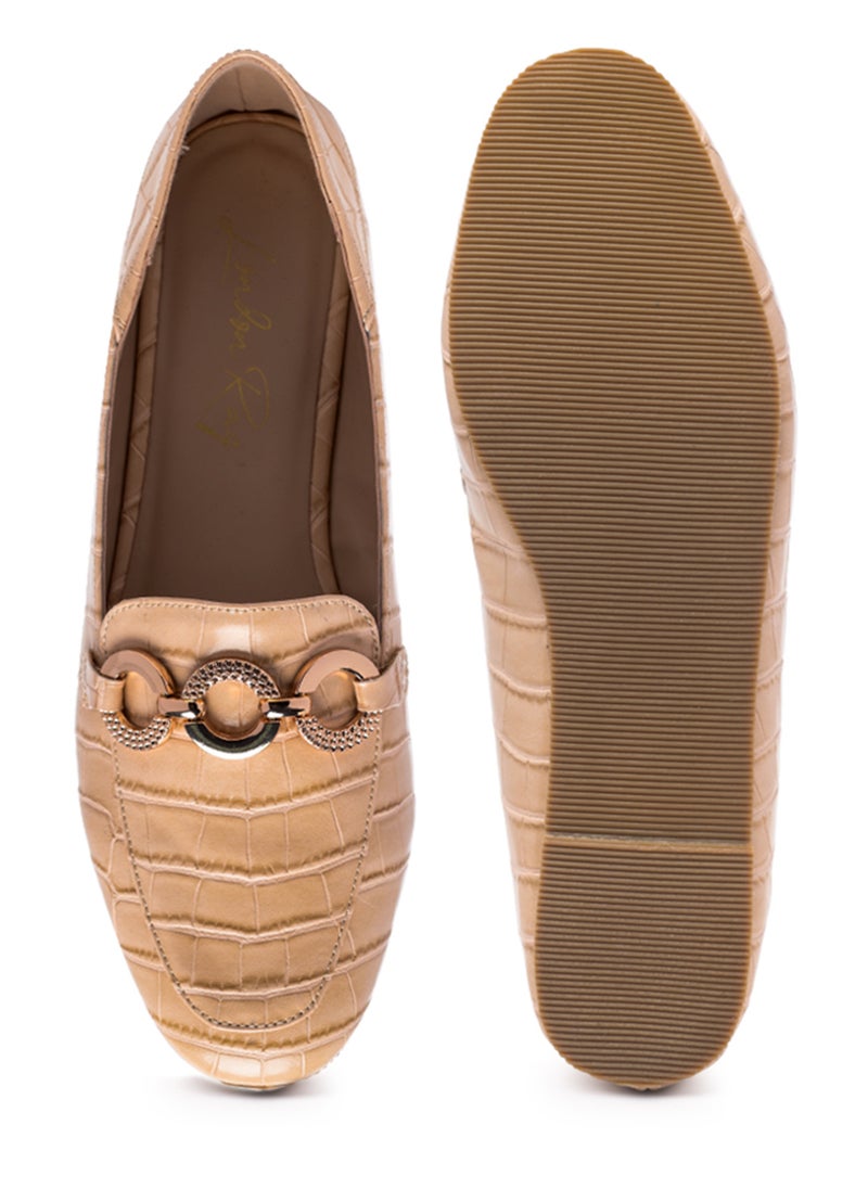 London Rag Croc Textured Metal Show Detail Loafers in Beige  - Image 4