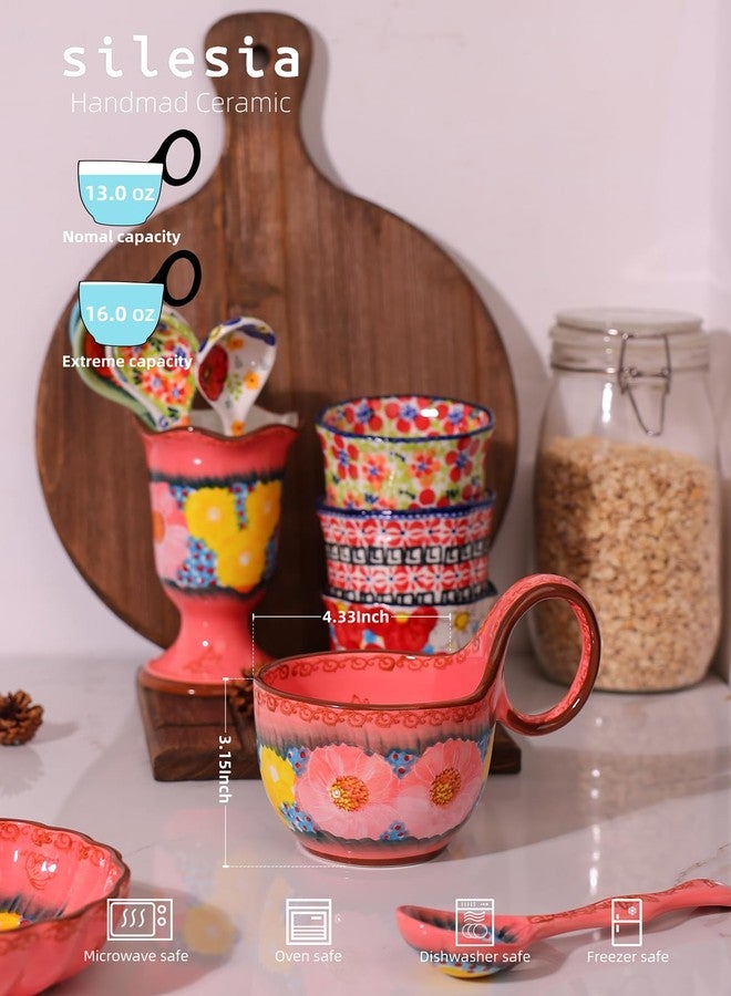 silesia Handmade Loop Handle Soup Bowl, Plate and Spoon Set - Ceramic Hand Painted Cereal Bowl Great for Soup, Ice cream, Snack, Stew in Gift Box, Dishwasher Safe, Glazed Pink - Image 2