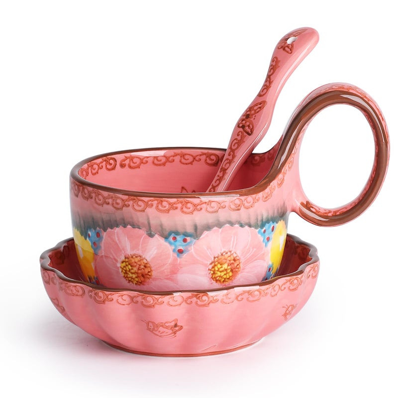 silesia Handmade Loop Handle Soup Bowl, Plate and Spoon Set - Ceramic Hand Painted Cereal Bowl Great for Soup, Ice cream, Snack, Stew in Gift Box, Dishwasher Safe, Glazed Pink - Image 1